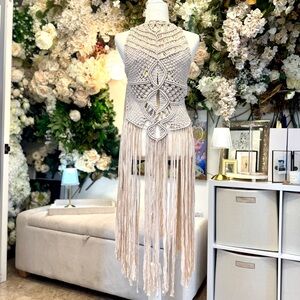Amuse Society Macrame Crochet Vest Boho Fringe Coverup Kimono Multiwear Kaftan